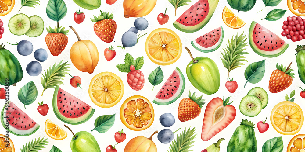 Seamless watercolor fruit pattern on a white background, perfect for summer-themed projects, watercolor, fruit, pattern, seamless Seamless watercolor fruit pattern on a white background, perfect for summer-themed projects, watercolor, fruit, pattern, seamless