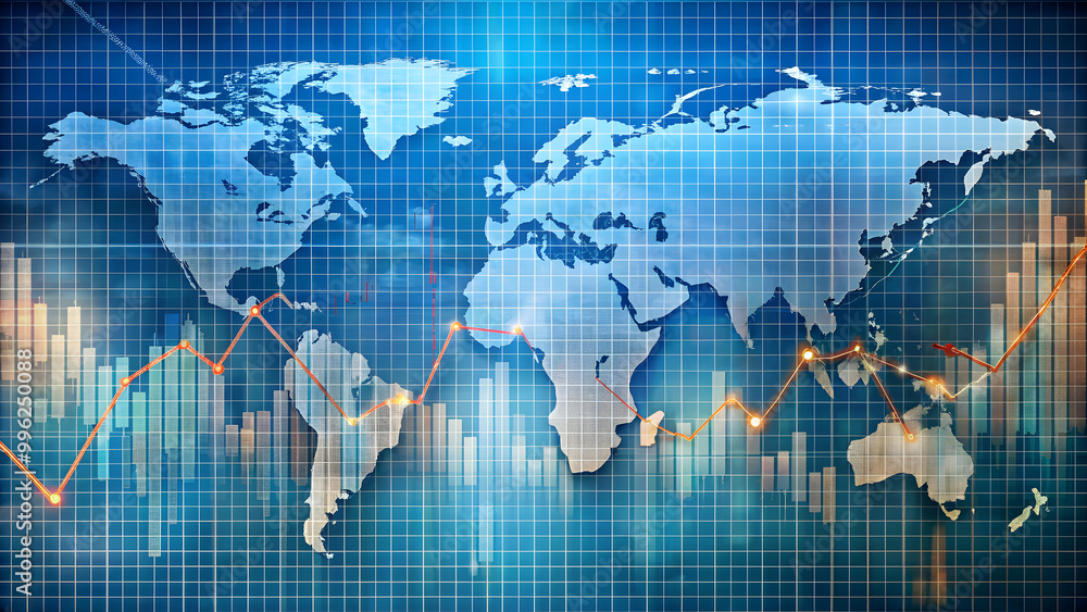 Financial graph overlaid on a global map showing interconnected global economy, stocks, markets, global, economy, interconnected Financial graph overlaid on a global map showing interconnected global economy, stocks, markets, global, economy, interconnected