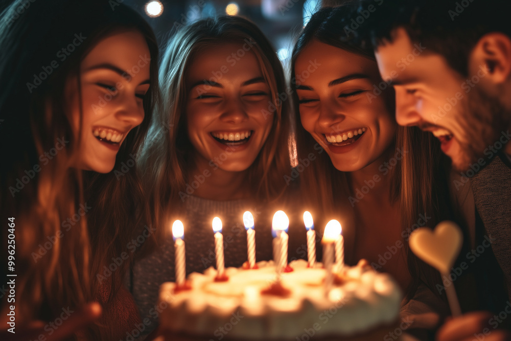 A group of people are gathered around a birthday cake with candles A group of people are gathered around a birthday cake with candles