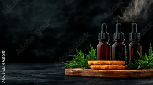 An apothecarystyle setup of various mushroom tinctures in dropper bottles photo