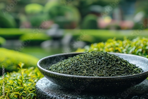 Green Tea Leaves in a Bowl, Set Against a Lush Green Background photo