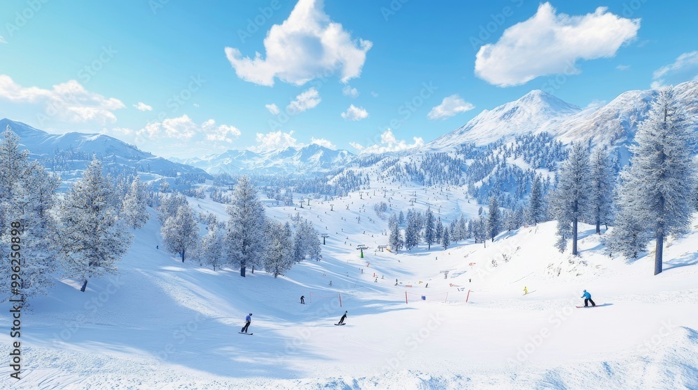 Snow-covered hills perfect for winter sports, with people skiing and snowboarding against a backdrop of clear blue skies and distant mountains. Snow-covered hills perfect for winter sports, with people skiing and snowboarding against a backdrop of clear blue skies and distant mountains.