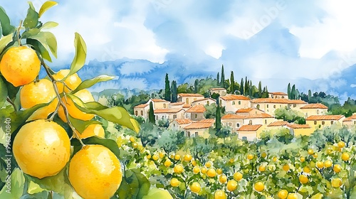 Wallpaper Mural Watercolor Painting of a Sunny Italian Village Landscape with Lemon Trees. Torontodigital.ca