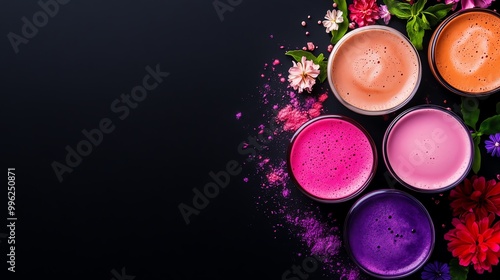 An array of adaptogenic mushroom lattes in various pastel hues photo