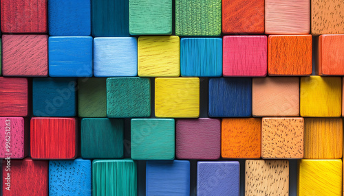 A vibrant illustration of a wall made of colorful wooden blocks