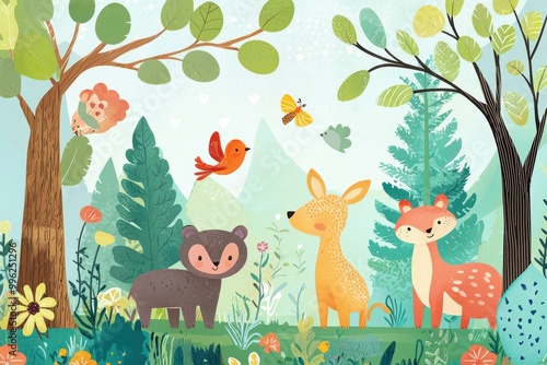 Whimsical Forest Scene with Playful Animals and Trees