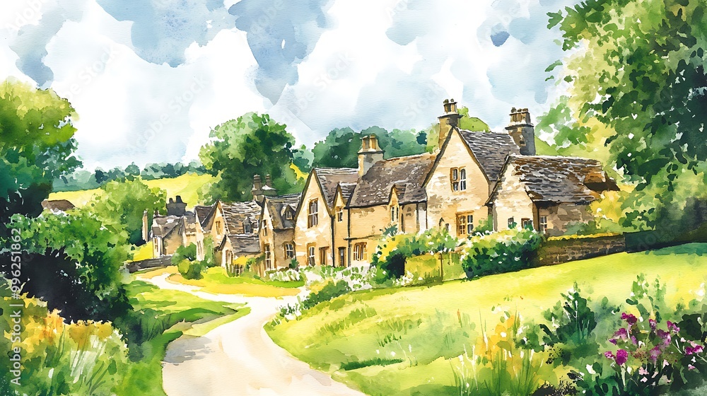 Naklejka premium Watercolor Painting of a Picturesque Village in England.