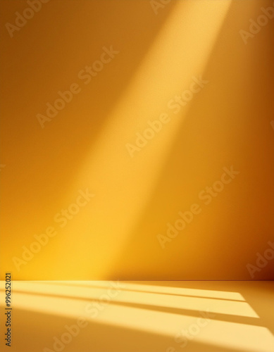 Abstract yellow color gradient studio background for product presentation. Empty room with shadows of window and flowers and palm leaves . 3d room with copy space. Summer concert. Blurred backdrop