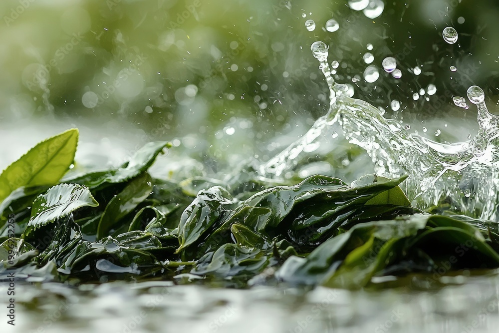 Water Droplets Splashing on Green Tea Leaves Water Droplets Splashing on Green Tea Leaves
