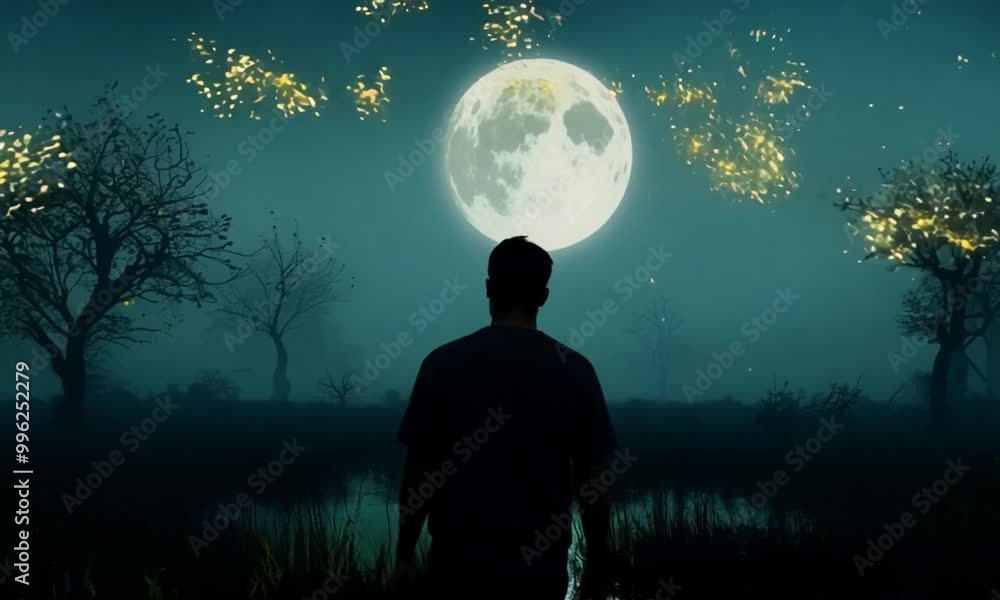 Night Scene of Man in Swamp with Fireflies and Full Moon Night Scene of Man in Swamp with Fireflies and Full Moon