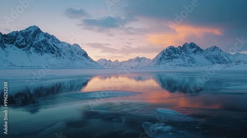 Snow-covered mountains reflecting in the icy surface of a frozen lake, with soft pastel hues from the setting winter sun.