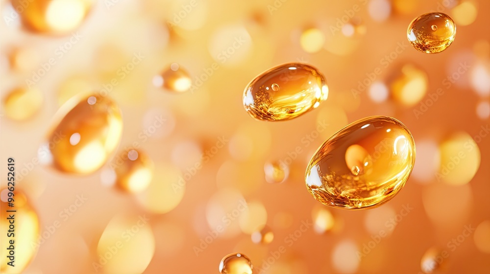 Golden oil droplets float on a soft orange background. This photo is perfect for showcasing the beauty of liquid products, such as skincare or cosmetics. Golden oil droplets float on a soft orange background. This photo is perfect for showcasing the beauty of liquid products, such as skincare or cosmetics.