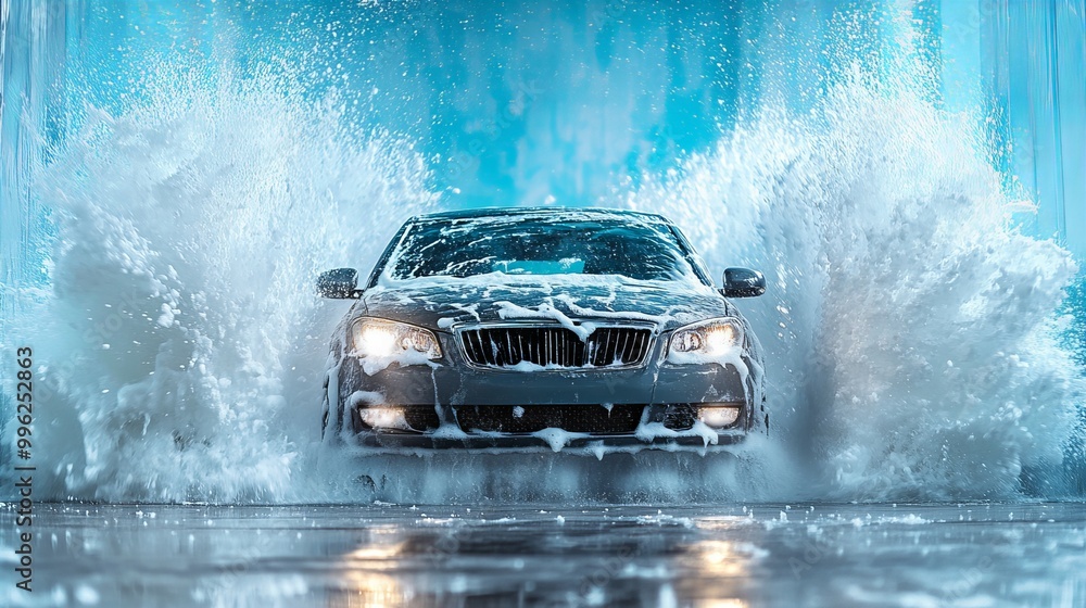 Clean shiny car during automatic wash with water and soap flowing, car washing process new beautiful stock image illustration AI Clean shiny car during automatic wash with water and soap flowing, car washing process new beautiful stock image illustration AI