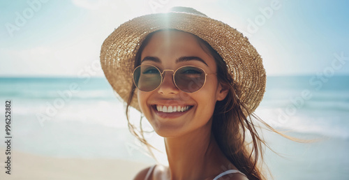 A woman is smiling and wearing a straw hat and sunglasses on a beach