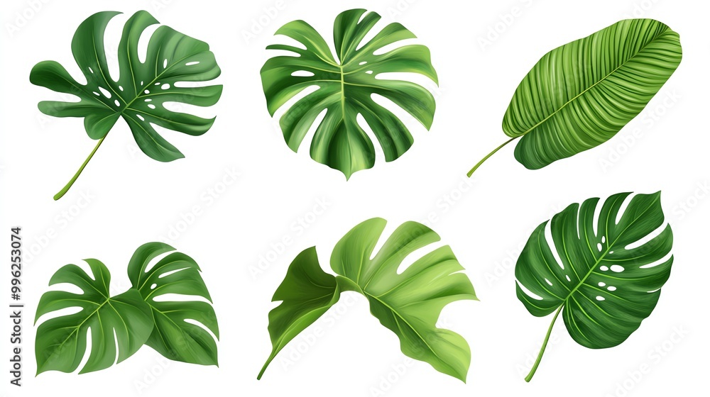 A collection of lush green tropical leaves on a white isolated background. A collection of lush green tropical leaves on a white isolated background.