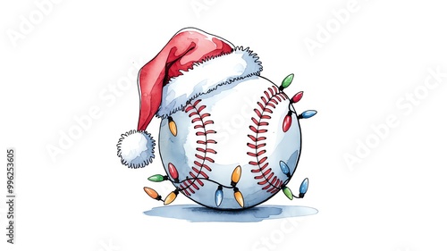 A festive baseball adorned with Christmas lights and a Santa hat on a white isolated background.