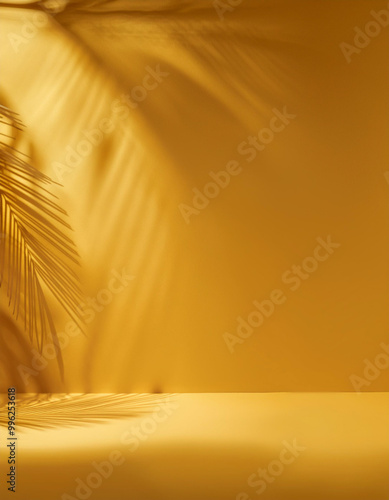 Abstract yellow color gradient studio background for product presentation. Empty room with shadows of window and flowers and palm leaves . 3d room with copy space. Summer concert. Blurred backdrop