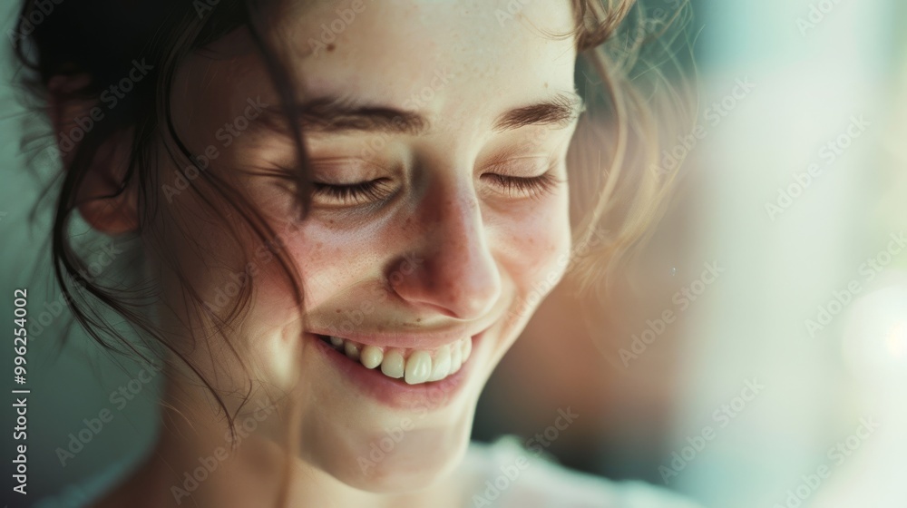 A candid close-up of a young woman with closed eyes and a radiant smile, basking in the warmth of natural light, embodying joy and contentment. A candid close-up of a young woman with closed eyes and a radiant smile, basking in the warmth of natural light, embodying joy and contentment.
