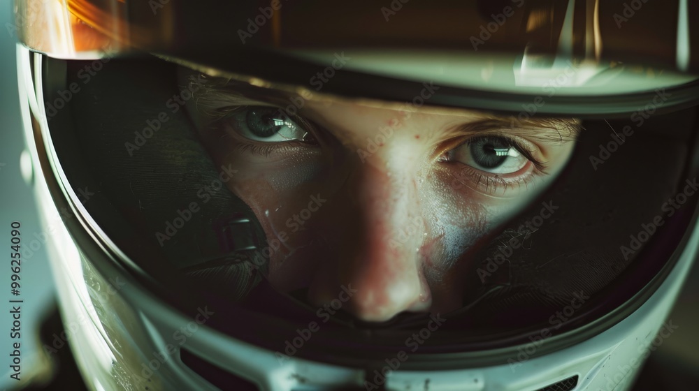 A close-up shot of a racer’s determined eyes peering through a helmet visor, capturing the intensity and focus required in high-speed sports. A close-up shot of a racer’s determined eyes peering through a helmet visor, capturing the intensity and focus required in high-speed sports.