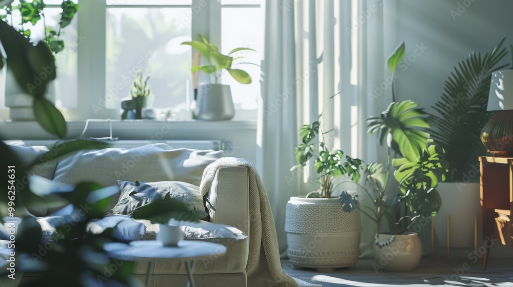 Fototapeta premium A sunlit indoor space adorned with lush green plants, creating a tranquil and vibrant, cozy atmosphere.