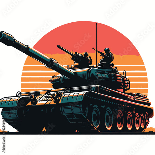 Retro Sunset Tank Illustration Military Vehicle Art