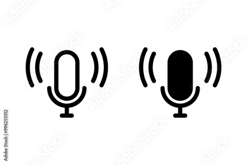 Mic voice over icon or studio microphone recording podcast pictogram silhouette line black white graphic clipart simple design, radio sound assistant speaker button, color editable