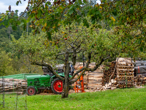 Brennholzlager mit Traktor photo