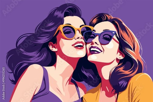 Vibrant Illustration of Two Happy Women in Sunglasses