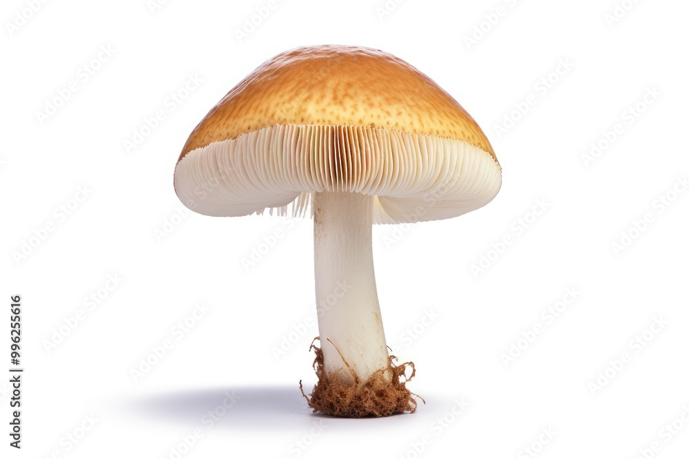 A golden-capped mushroom with prominent gills stands out on a white background, highlighting its unique beauty. Generative AI A golden-capped mushroom with prominent gills stands out on a white background, highlighting its unique beauty. Generative AI