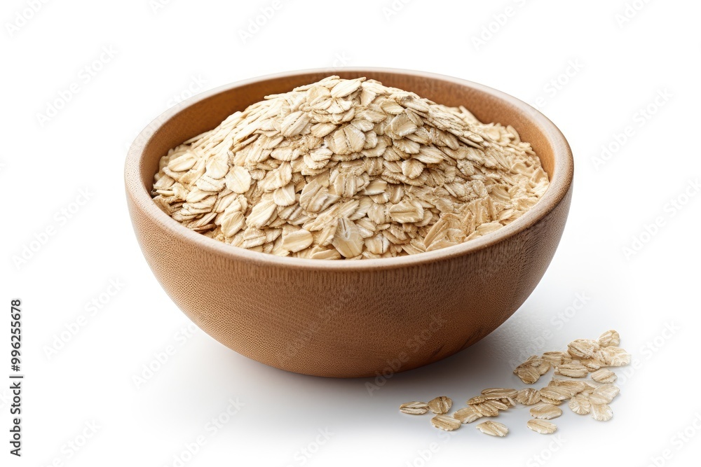 A wooden bowl filled with natural rolled oats on a bright background showcasing a healthy ingredient for breakfast meals or baking. Generative AI A wooden bowl filled with natural rolled oats on a bright background showcasing a healthy ingredient for breakfast meals or baking. Generative AI