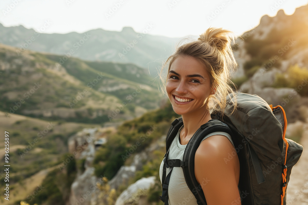 A smiling woman with a backpack is standing on a mountain A smiling woman with a backpack is standing on a mountain