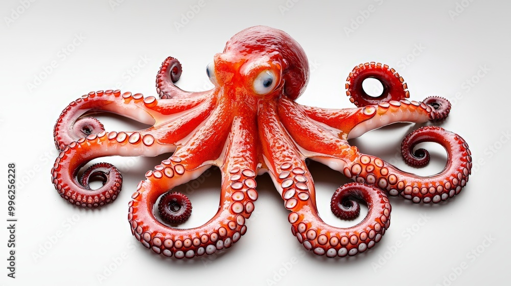 Fototapeta premium A raw, red octopus displayed on a white surface, showing its tentacles.