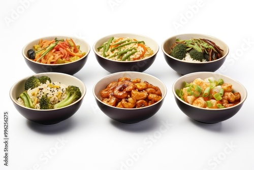 Colorful assortment of Asian dishes in bowls served on a white background showcasing vibrant vegetables and protein options. Generative AI