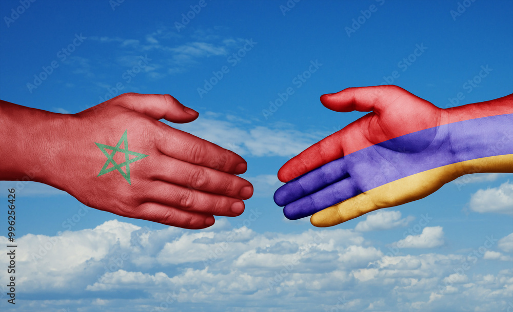 Armenia and Morocco country handshaking with flags, consensus concept international co-operation illustration Armenia and Morocco country handshaking with flags, consensus concept international co-operation illustration