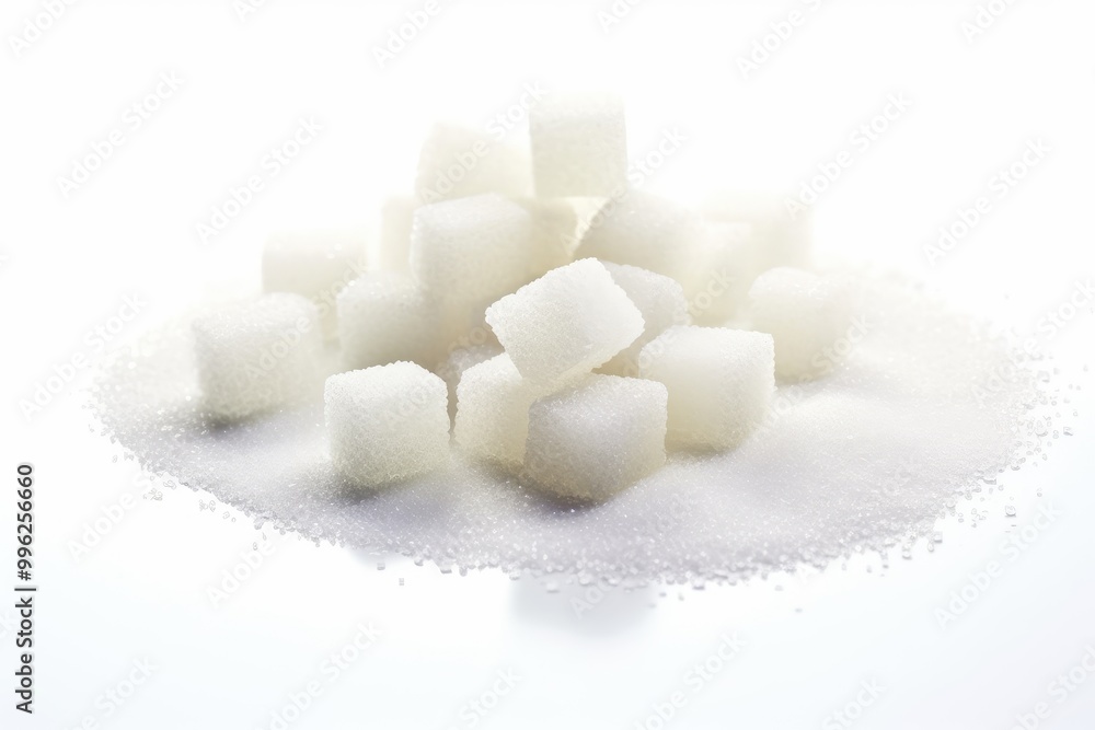 A close-up view of white sugar cubes stacked atop a mound of granulated sugar on a bright, white background. Generative AI A close-up view of white sugar cubes stacked atop a mound of granulated sugar on a bright, white background. Generative AI