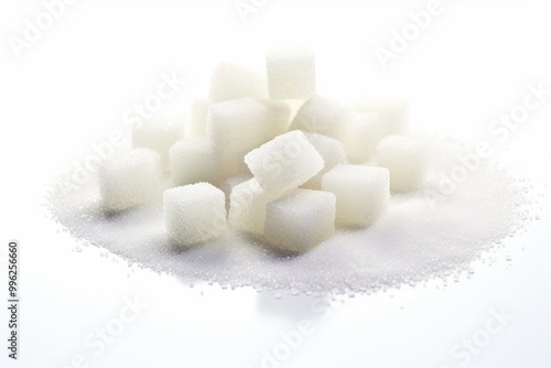 A close-up view of white sugar cubes stacked atop a mound of granulated sugar on a bright, white background. Generative AI