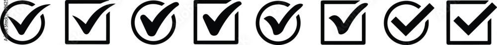 Approval flat Check mark icons set. Check marks symbol collection. Simple check mark. Quality sign icon. Checklist symbols style - stock vector. Circle and square. Tick symbol in black color. Approval flat Check mark icons set. Check marks symbol collection. Simple check mark. Quality sign icon. Checklist symbols style - stock vector. Circle and square. Tick symbol in black color.