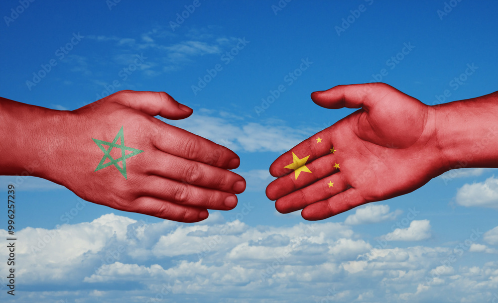 China and Morocco country handshaking with flags, consensus concept international co-operation illustration China and Morocco country handshaking with flags, consensus concept international co-operation illustration