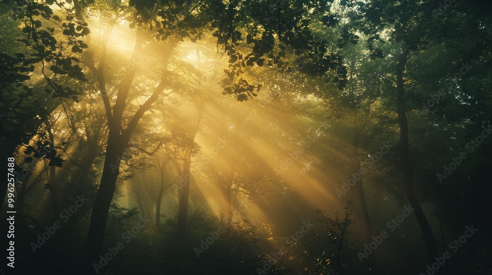 Sunbeams Piercing Through a Foggy Forest Sunbeams Piercing Through a Foggy Forest
