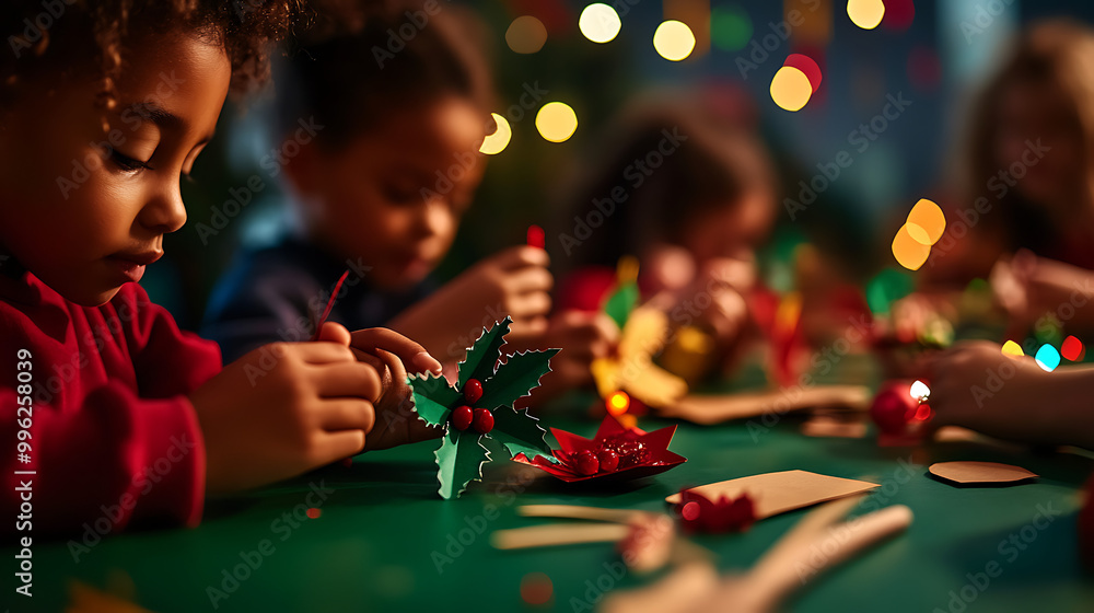 Kids engage in festive craft activities, creating decorations with colorful materials at a table adorned with holiday lights, fostering creativity and joy during the season. Kids engage in festive craft activities, creating decorations with colorful materials at a table adorned with holiday lights, fostering creativity and joy during the season.