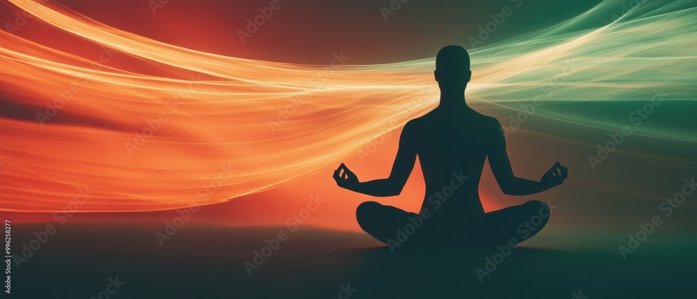 A serene silhouette meditates against a vibrant backdrop of soft, flowing colors, embodying tranquility and inner peace. A serene silhouette meditates against a vibrant backdrop of soft, flowing colors, embodying tranquility and inner peace.