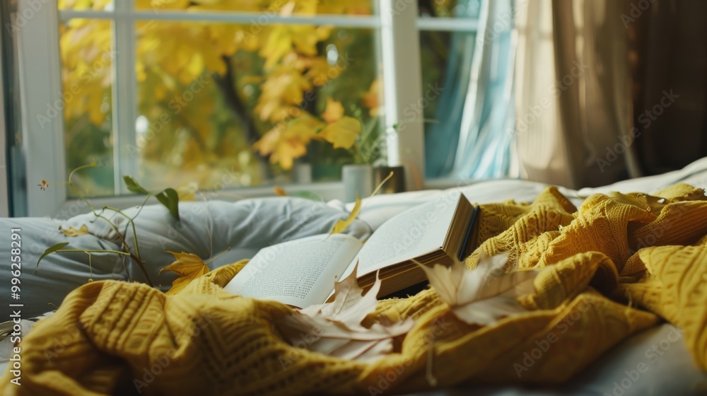 Sunlit window seat with a cozy yellow knitted blanket, an open book, and scattered autumn leaves, inviting relaxation and warmth amid a beautiful fall backdrop. Sunlit window seat with a cozy yellow knitted blanket, an open book, and scattered autumn leaves, inviting relaxation and warmth amid a beautiful fall backdrop.