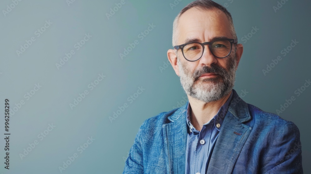 Portrait of a confident man with glasses and a trimmed beard, dressed in a blue jacket and shirt, standing against a teal background. Portrait of a confident man with glasses and a trimmed beard, dressed in a blue jacket and shirt, standing against a teal background.