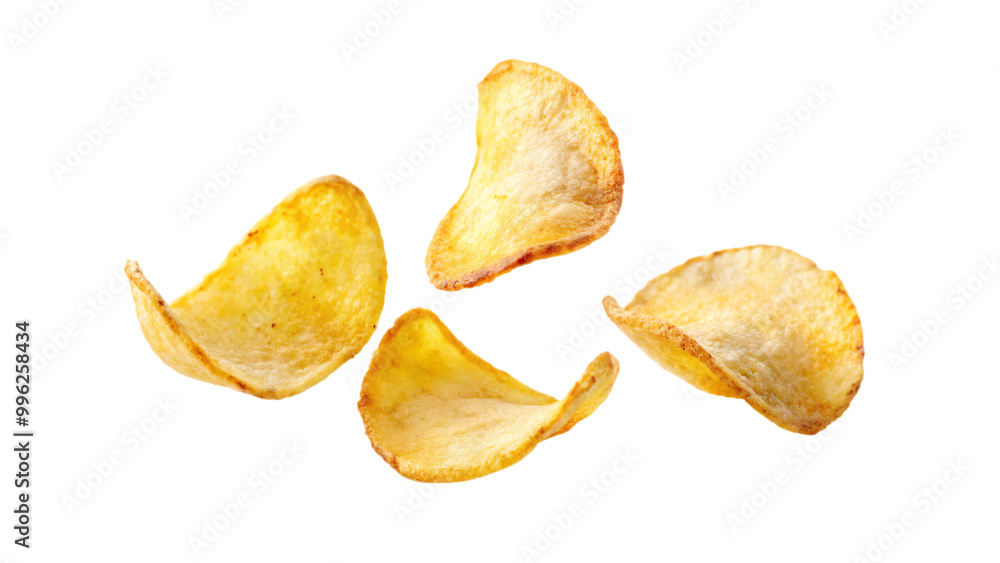 Crispy potato chips, a popular snack, are stacked on a white plate Crispy potato chips, a popular snack, are stacked on a white plate