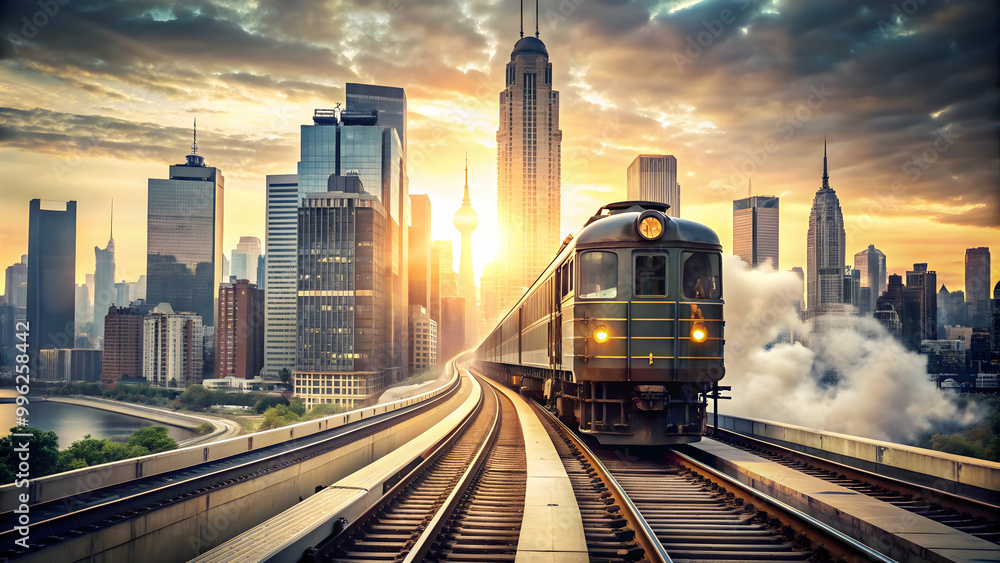 Fototapeta premium Vintage train double exposure with modern city skyline, vintage, train, double exposure, modern city skyline