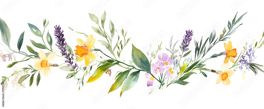 Obraz premium A beautiful watercolor illustration of white and yellow plumeria flowers with green leaves. Perfect for design and decor purposes.