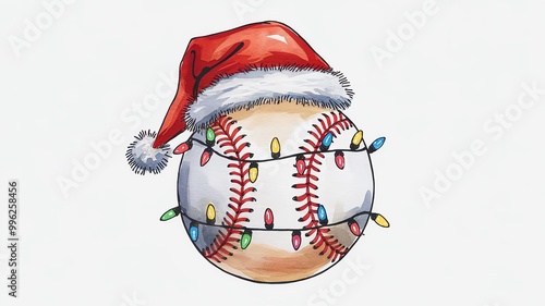 Baseball with a Santa hat and Christmas lights, festive design on a white isolated background.