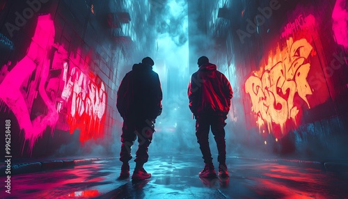 A rap battle in a neonlit urban environment, with words and beats materializing in vibrant, graffitilike art