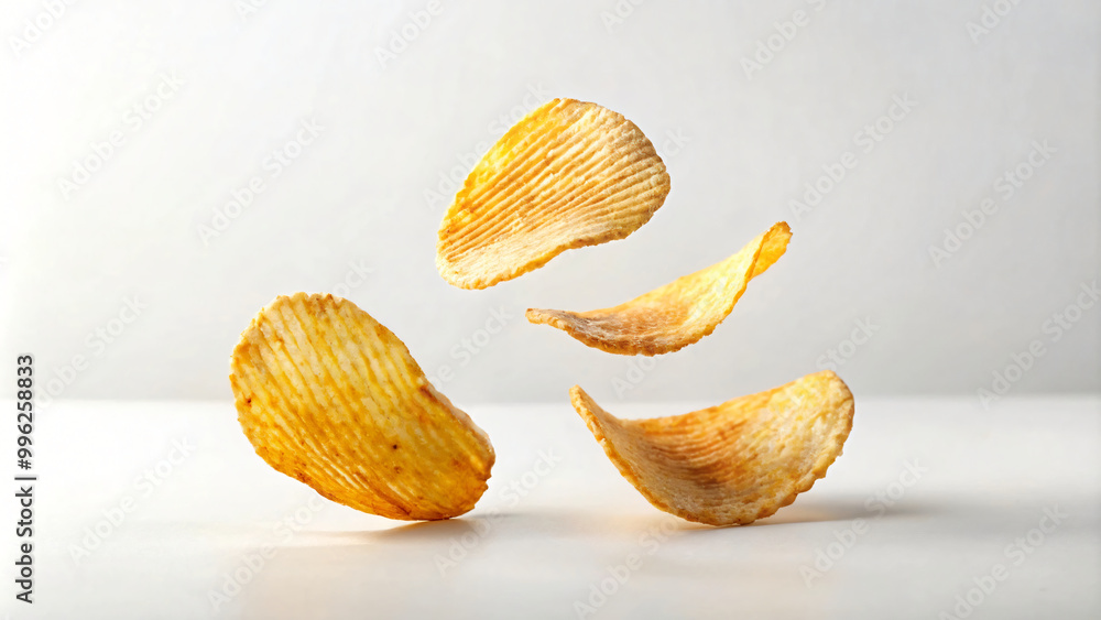 Crispy potato chips, a popular snack, are stacked on a white plate Crispy potato chips, a popular snack, are stacked on a white plate