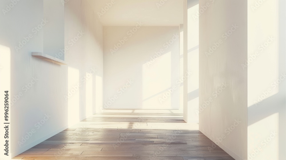 Fototapeta premium Sunlit hallway with white walls and wooden floors, casting shadows through large windows, creating a serene and minimalist atmosphere.